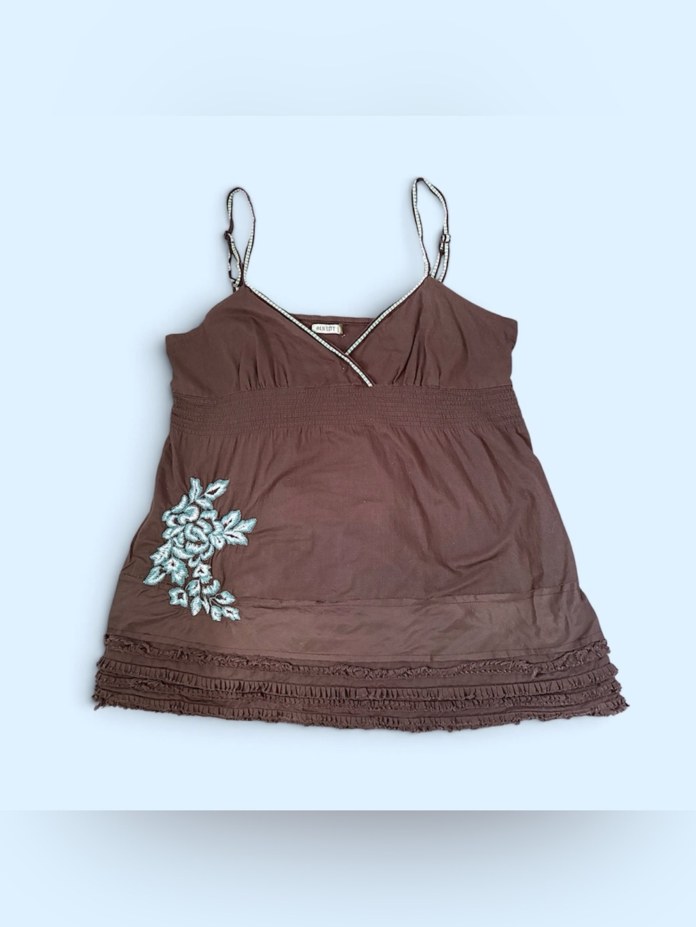 Women’s Size M Y2K Old Navy Brown Babydoll Cami Tank with Blue Floral Embroidery